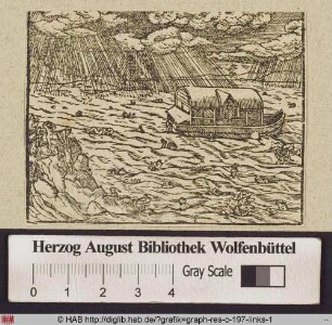 Die Arche Noah und die Sintflut mit ertrinkenden Menschen und Tieren.
