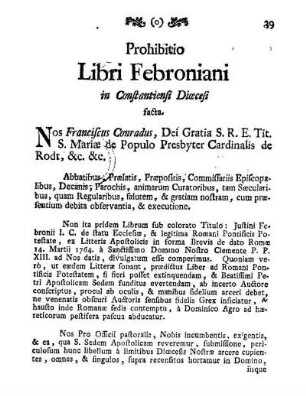 Prohibitio Libri Febroniani in Constantiensi Diœcesi facta