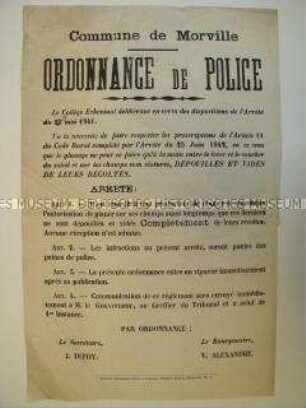 Maueranschlag für das besetzte Belgien mit dem Verbot an die Landwirte, Nachlese zum eigenen Gebrauch durchzuführen (einsprachig)