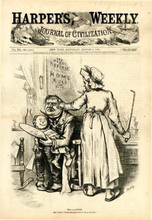 Hen(dricks)-pecked. Mrs. Tilden. "Nurse the Baby, while I stir up the Fire." : Hendricks und Tilden werden als Ehepaar dargestellt. Tilden fordert Hendricks auf, eine Stoffpuppe wie ein Baby zu pflegen
