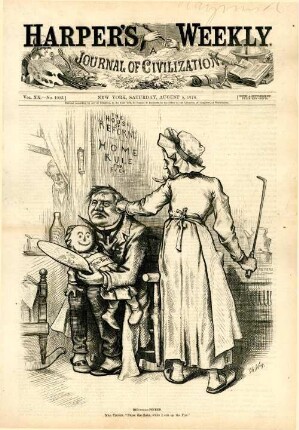 Hen(dricks)-pecked. Mrs. Tilden. "Nurse the Baby, while I stir up the Fire." : Hendricks und Tilden werden als Ehepaar dargestellt. Tilden fordert Hendricks auf, eine Stoffpuppe wie ein Baby zu pflegen
