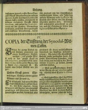 IV. Copia der Stifftung der Synodal-Witwen-Cassen