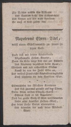 Napoleons Ehren=Titel, nebst einen Glückswunsch zu seiner je=tzigen Reise.