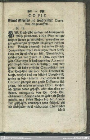 Copie Eines Briefes, so währender Correctur eingelauffen