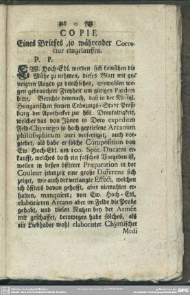 Copie Eines Briefes, so währender Correctur eingelauffen