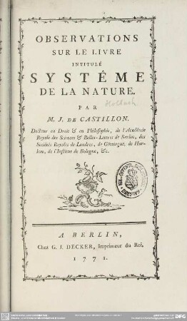 Observations Sur Le Livre Intitulé Systême De La Nature