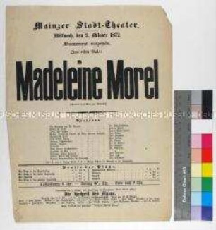 Programm des Mainzer Stadttheaters für die Aufführung von "Madeleine Morel" am 2. Oktober 1872