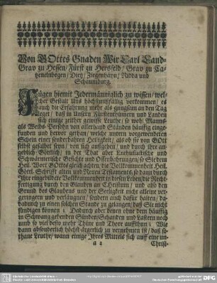 Von Gottes Gnaden Wir Carl Land-Grav zu Hessen, Fürst zu Hersfeld, Grav zu Catzenelnbogen, Dietz, Ziegenhayn, Nidda und Schaumburg