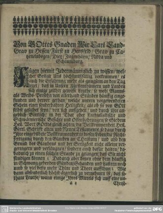 Von Gottes Gnaden Wir Carl Land-Grav zu Hessen, Fürst zu Hersfeld, Grav zu Catzenelnbogen, Dietz, Ziegenhayn, Nidda und Schaumburg