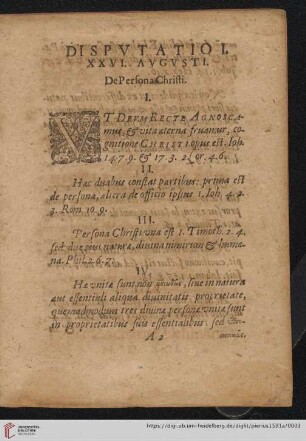 Dispvtatio I. XXVI. Avgvsti: De Persona Christi