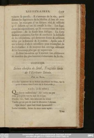 CLXXXXIIII. Scènes choisies de Saül, Tragédie tirée de l'Ecriture Sainte. Par Du Ryer.