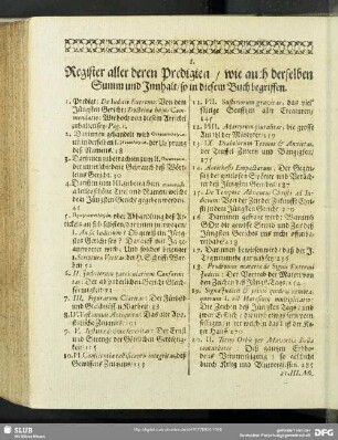 I. Register aller deren Predigten, wie auch derselben Summ und Innhalt, so in diesem Buch begriffen