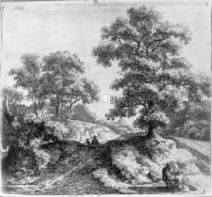 Hohlweg bei einer großen Eiche mit zwei Wanderern und Bauern am Weg (Nr. 2 einer Folge Landschaften, quadratisch, numeriert)