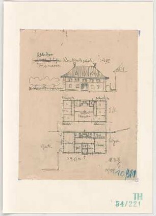 Fischer, Theodor; München; Bayerische Geschützwerke - Kleinkinderschule (Grundriss EG, Grundriss 1. OG, Ansicht)