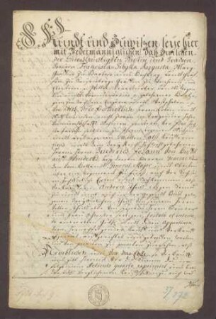 Kaufbrief über das durch Markgräfin Augusta Sybilla von Baden-Baden von Friedrich Johann von Hüffel auf Windeck um 37.450 fl. erkaufte freiadelige Rittergut bei Bühl