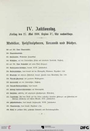 Mobiliar, Holzskulpturen, Keramik und Bücher (Nr. 388-537)