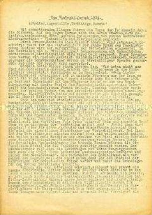 Illegales hektografiertes Flugblatt der KPD und des KJVD zum Winterhilfswerk 1934
