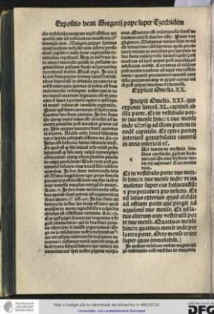 Incipit omelia XXI, que exponit litteram XL capituli ab illa parte: et in vestibulo... usque ad illam partem in eodem capitulo: et extra portam...