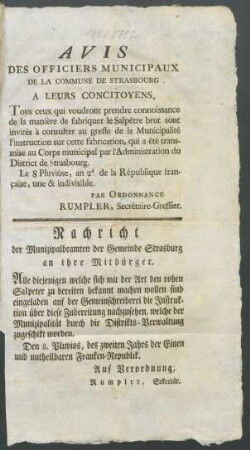 Avis Des Officiers Municipaux De La Commune De Strasbourg A Leurs Concitoyens = Nachricht der Munizipalbeamten der Gemeinde Strasburg an ihre Mitbürger : ... Le 8 Pluviôse, l'an 2.d de la République franc̜aise, une & indivisible