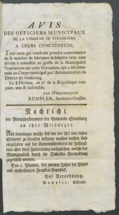 Avis Des Officiers Municipaux De La Commune De Strasbourg A Leurs Concitoyens = Nachricht der Munizipalbeamten der Gemeinde Strasburg an ihre Mitbürger : ... Le 8 Pluviôse, l'an 2.d de la République franc̜aise, une & indivisible