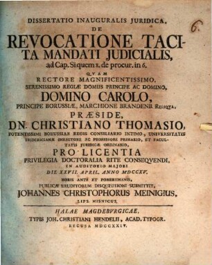 Dissertatio inauguralis iuridica de revocatione tacita mandati iudicialis : ad cap. siquem 8 de procur. in 6