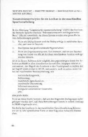 Konstruktionsprinzipien für ein Lexikon in der maschinellen Sprachverarbeitung
