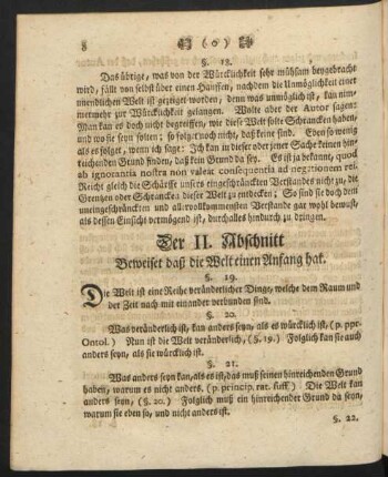 Der II. Abschnitt Beweiset daß die Welt einen Anfang hat