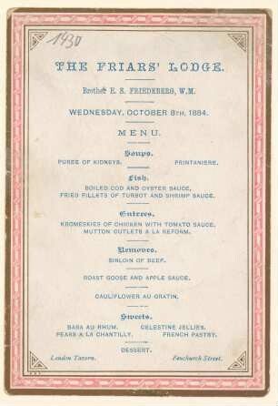 Menükarte : The Friars' Lodge, Brother E.S. Friedberg, W.M.