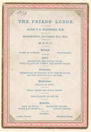 Menükarte : The Friars' Lodge, Brother E.S. Friedberg, W.M.
