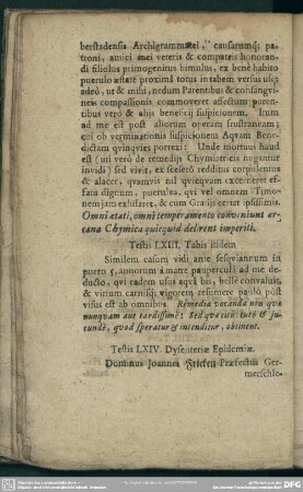 Testis LXIV [LXV]. Dysenteriae Epidemiae