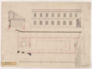 Unbekannter Ort, Schloss(?), Seitenflügel. Entwurf, Grund-, Aufriss und Querschnitt : Unbekannter Ort, Seitenflügel eines Schlosses(?) mit Saal im Erdgeschoss. Entwurf, Grund-, Aufriss und Querschnitt, unbekannter Zeichner, 18. Jh. Feder, Pinsel in Wasserfarbe/Papier. 30,6 x 42,2 cm. Bez.: "II. 4." (Bleistift, sekundär). Maßstab mit Maßeinheit Ellen (50 Ellen =25 cm).