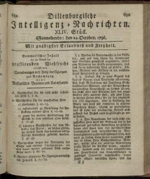XLIV. Stück. Sonnabends: den 29. October 1796.
