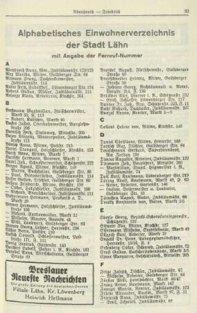 Alphabetisches Einwohnerverzeichnis der Stadt Lähn