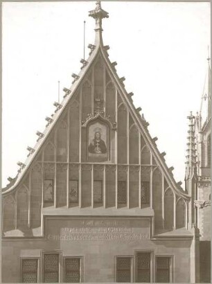 Billing, Hermann; Bretten (Baden-Württemberg), Marktplatz; Melanchthonhaus - Giebel mit Jesusdarstellung und Inschrift