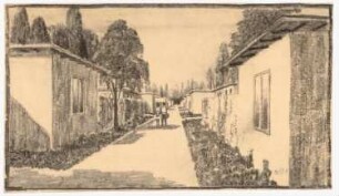 Siedlung mit Flachdachbauten: Ansicht einer Straße, eingeschossiger Häuser, Reihenhäuser