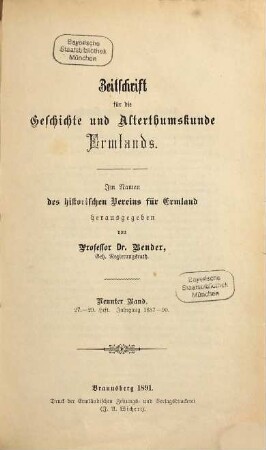 Zeitschrift für die Geschichte und Altertumskunde Ermlands : ZGAE : Beiträge zur Kirchen- und Kulturgeschichte des Preussenlandes. 9 = H. 27 - 29. 1887/90