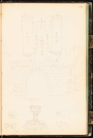 Skizzenbuch: Micklegate Bar, York und Brunnen, Walsingham: Perspektivische Ansichten, Details