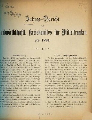 Jahresbericht des Landw. Kreisausschusses von Mittelfranken : für das Jahr .... 1890