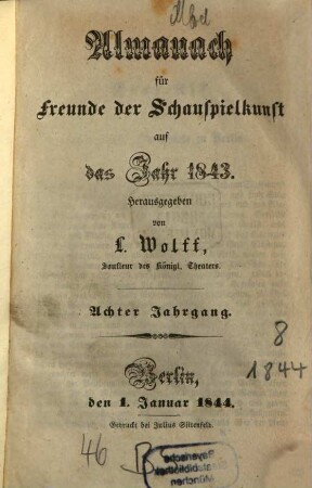 Almanach für Freunde der Schauspielkunst. 8. 1843 (1844)