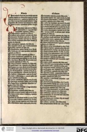 Item tabula sequens precedentis operis continet duplicem numerum quorum primus indicat numerum et ordinem capitulorum in hoc libro se sequentium...