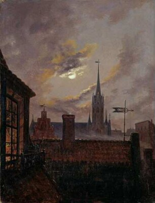 Deutscher Mondschein (Blick über Dächer auf eine gotische Kirche im Mondschein)