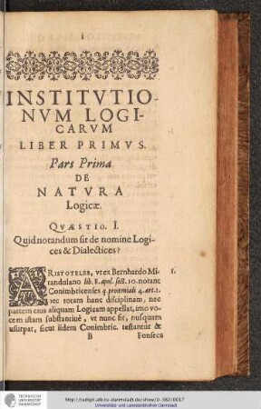 Pars Prima de Natvra Logicæ.