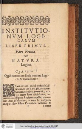 Pars Prima de Natvra Logicæ.