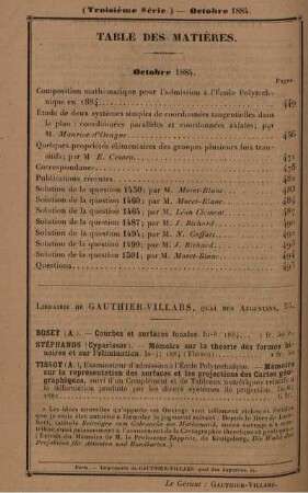 Table des matières. Octobre 1884.