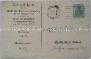 Ausweiskarte für Luise Hellwig für die Teilnahme an den Wahlen zur Nationalversammlung am 19. Januar 1919 und zur preußischen Landesversammlung am 26. Januar 1919