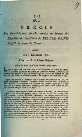 Precis Du Protocole aux Proces verbaux des Seances des Representans provisoires du Peuple Souverain du Pays de Namur. Seance Du 9 Decembre 1792. L'an 1er de la Liberte Belgique