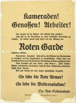 Aufruf des Roten Soldatenbundes zur Bildung einer Roten Garde im Zuge der Revolution 1918/1919