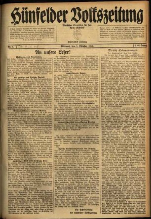 Erste Ausgabe vom Mittwoch, den 01. Oktober 1919.