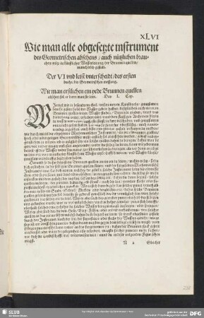 Wie man alle obgesetzte instrument des Geometrischen absehens/ auch nützlichen brauchen mög/ zu künstlicher Wasserleitung/ der Brunnen quellen/ mancherley gestalt. : Der VI und letst unterscheidt/ des ersten buchs/ der Geometrischen Messung.