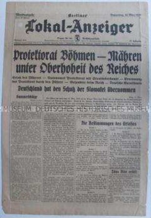 Tageszeitung "Berliner Lokal-Anzeiger" zur Proklamation des Protektorats Böhmen und Mähren